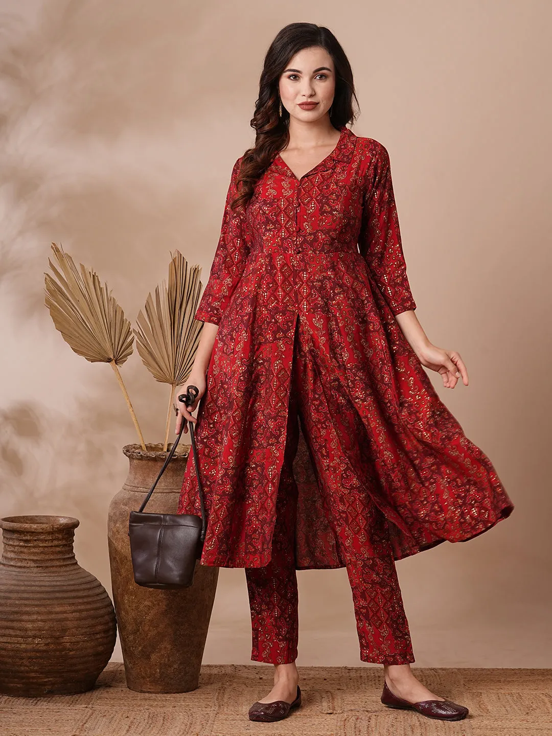 Ethnic Floral Foil Printed A-Line Paneled Kurta with Pant - Red