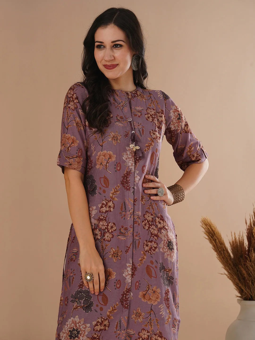 Ethnic Floral Foil Printed Straight Fit Kurta - Mauve