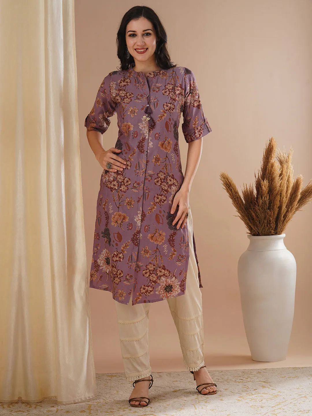 Ethnic Floral Foil Printed Straight Fit Kurta - Mauve