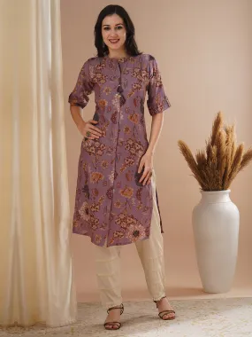 Ethnic Floral Foil Printed Straight Fit Kurta - Mauve