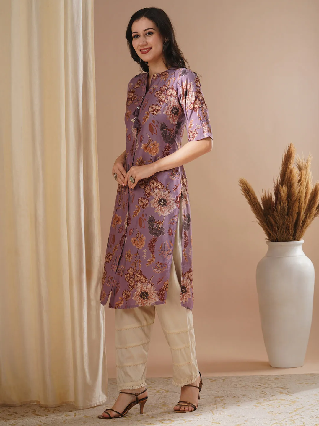 Ethnic Floral Foil Printed Straight Fit Kurta - Mauve