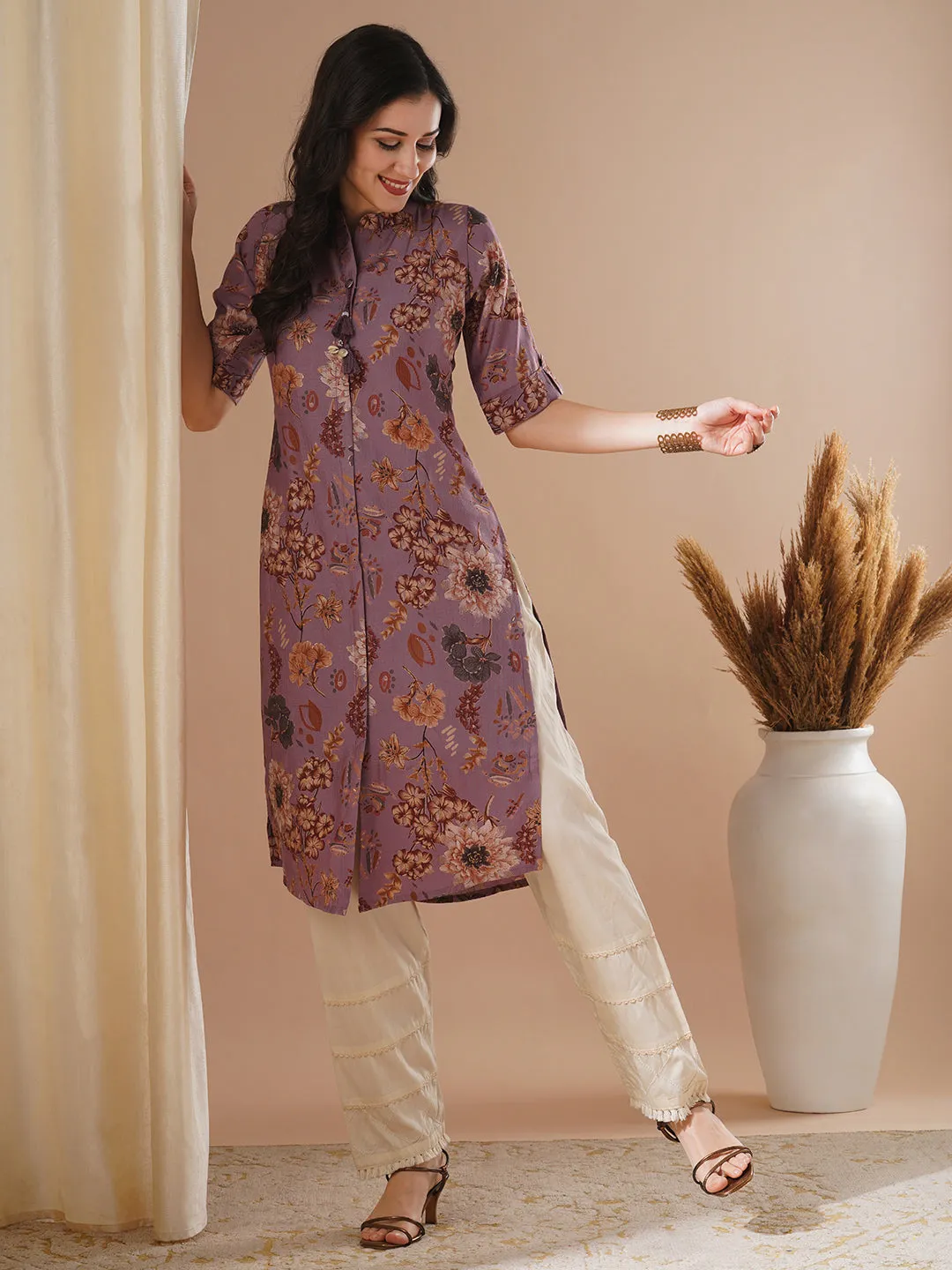 Ethnic Floral Foil Printed Straight Fit Kurta - Mauve