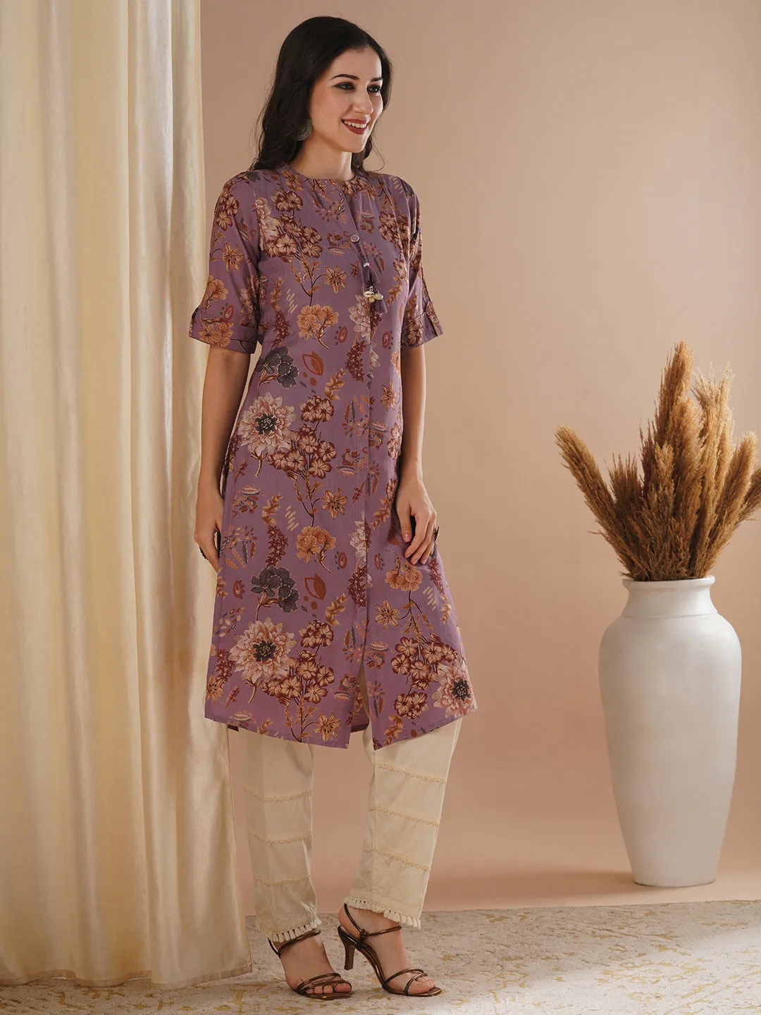 Ethnic Floral Foil Printed Straight Fit Kurta - Mauve