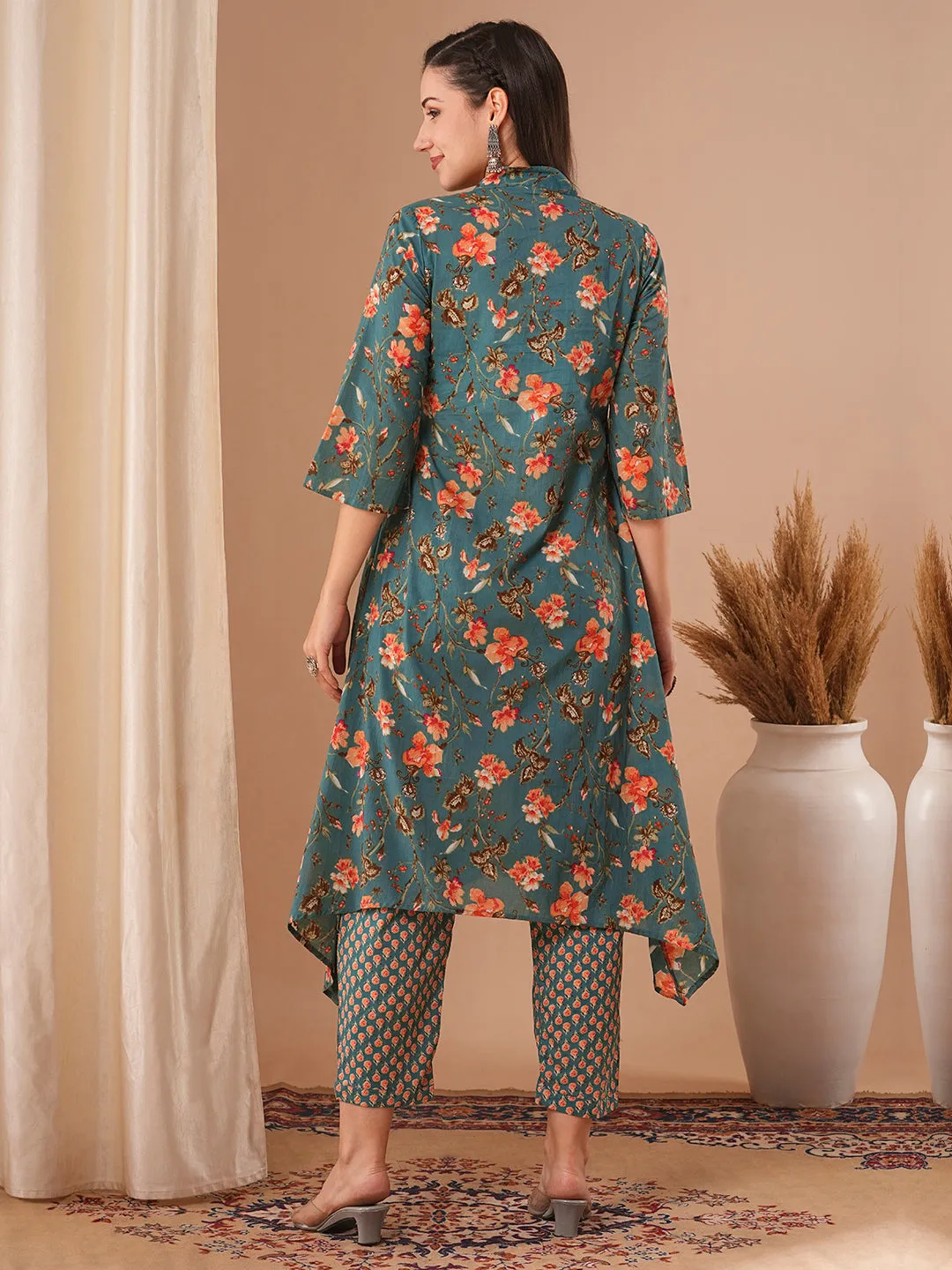 Ethnic Floral Printed A-Line Kurta with Pant - Green