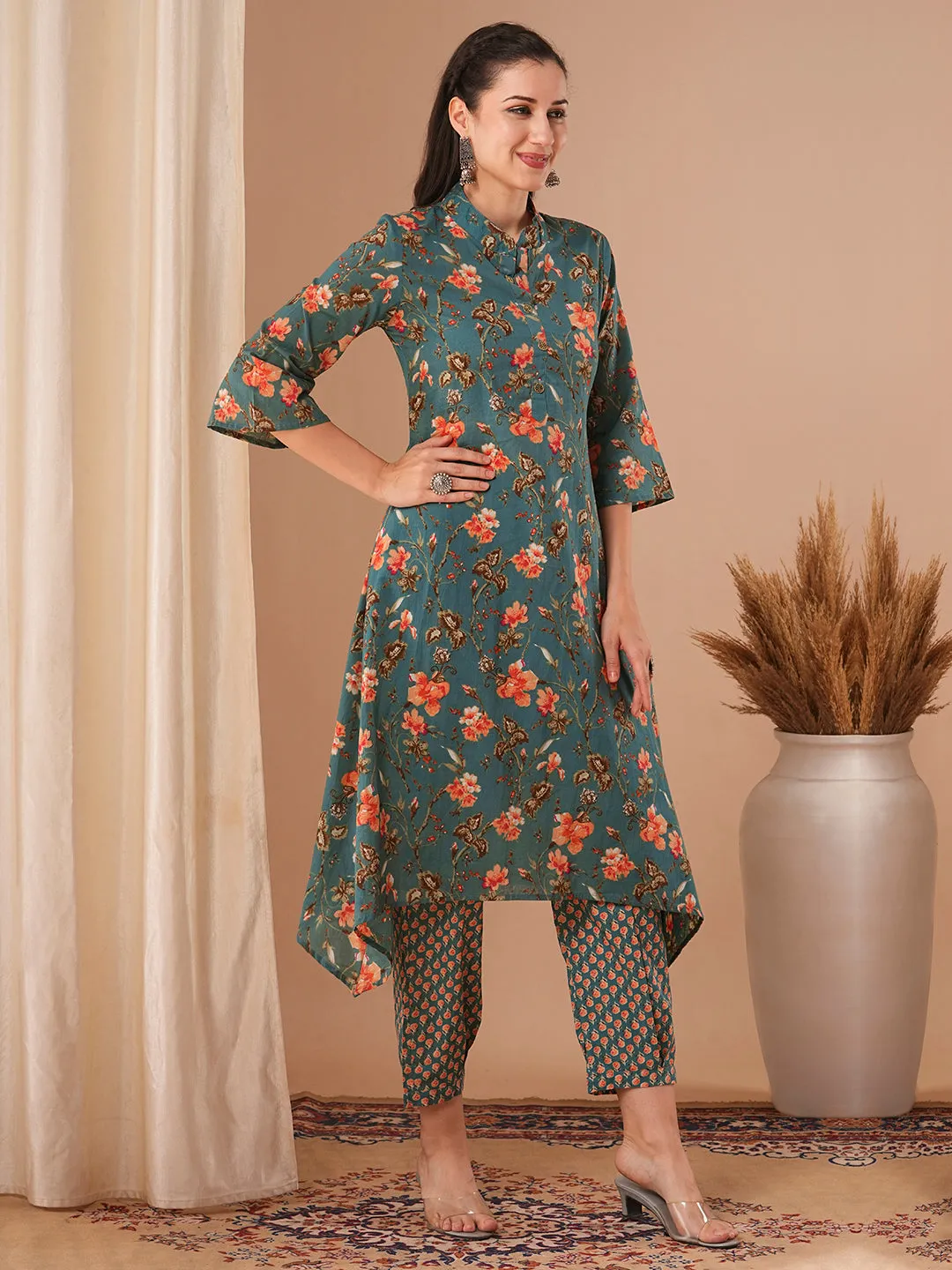 Ethnic Floral Printed A-Line Kurta with Pant - Green