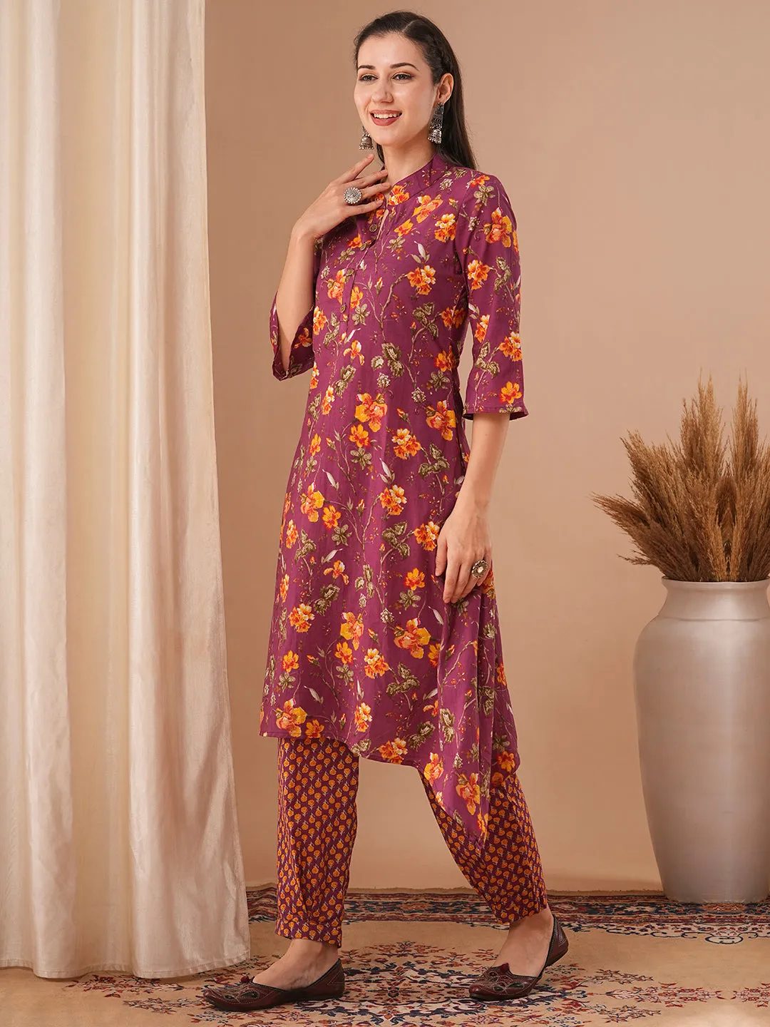 Ethnic Floral Printed A-Line Kurta with Pant - Purple