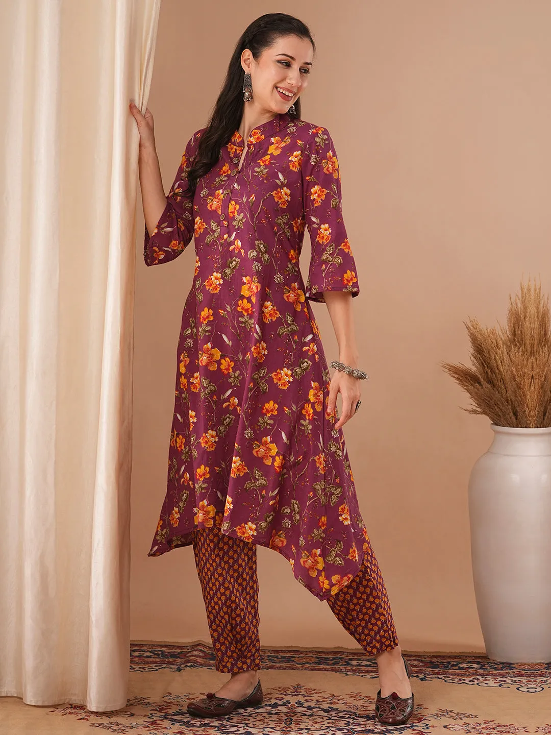 Ethnic Floral Printed A-Line Kurta with Pant - Purple