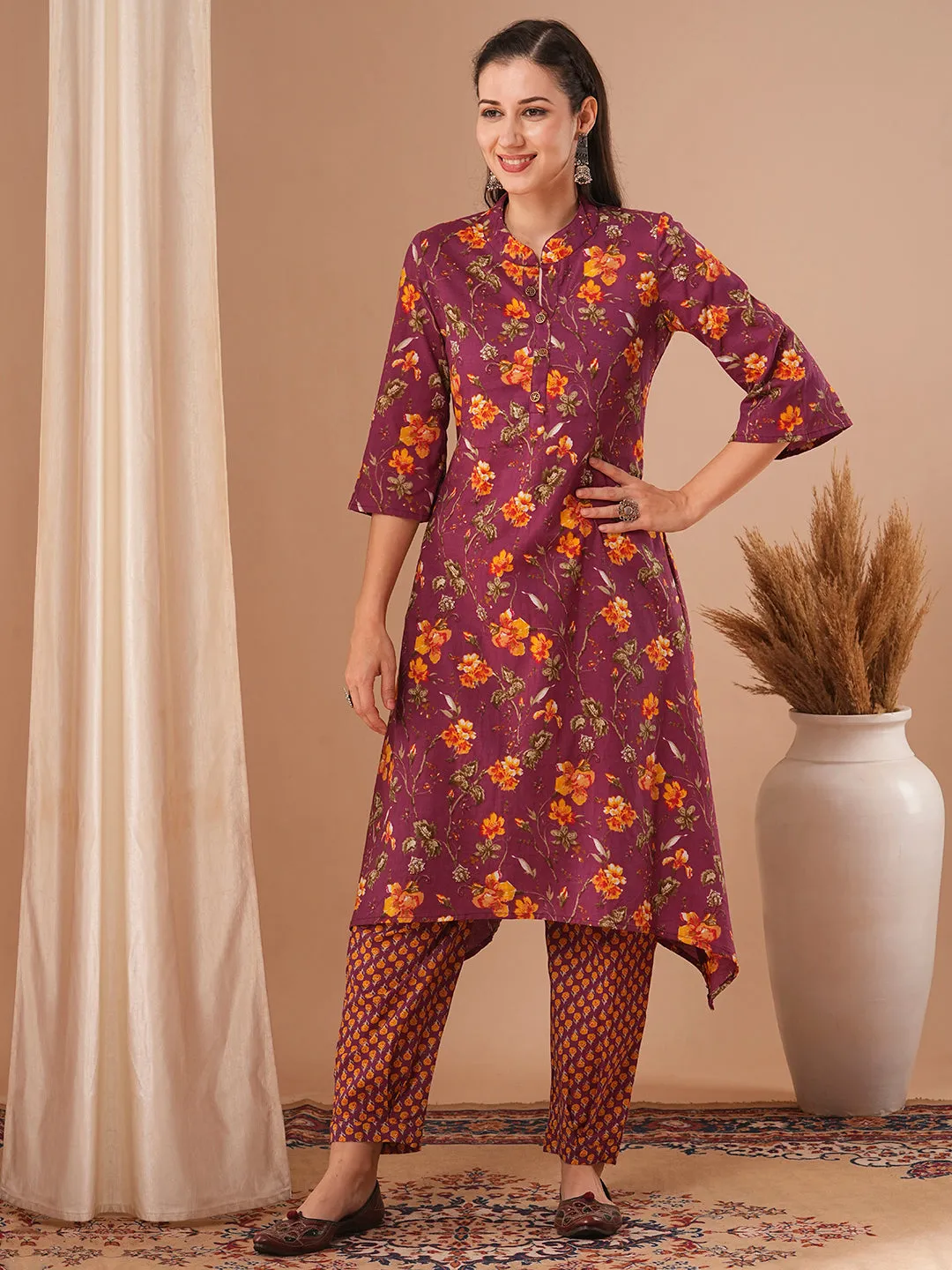 Ethnic Floral Printed A-Line Kurta with Pant - Purple