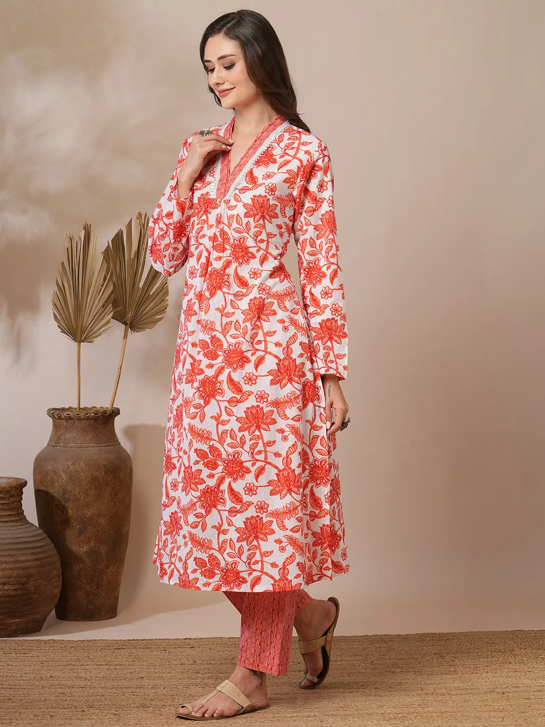 Ethnic Floral Printed A-Line Kurta with Stripes Printed Pant - Off White