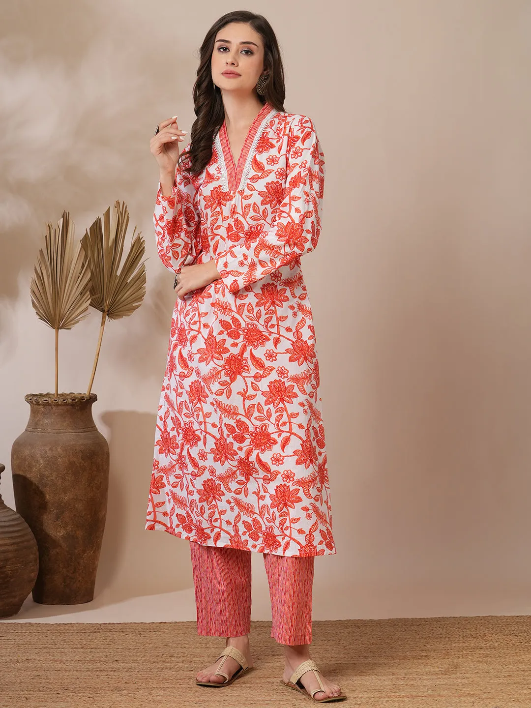 Ethnic Floral Printed A-Line Kurta with Stripes Printed Pant - Off White