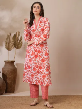 Ethnic Floral Printed A-Line Kurta with Stripes Printed Pant - Off White