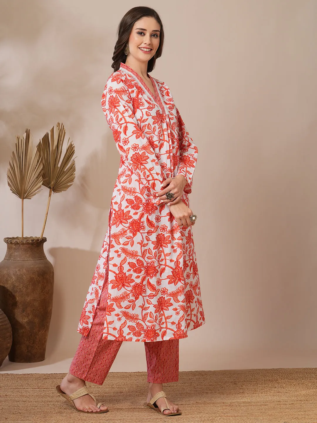 Ethnic Floral Printed A-Line Kurta with Stripes Printed Pant - Off White