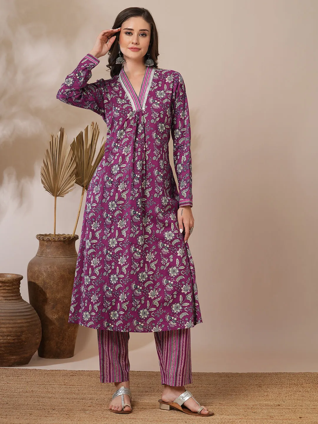 Ethnic Floral Printed A-Line Kurta with Stripes Printed Pant - Purple