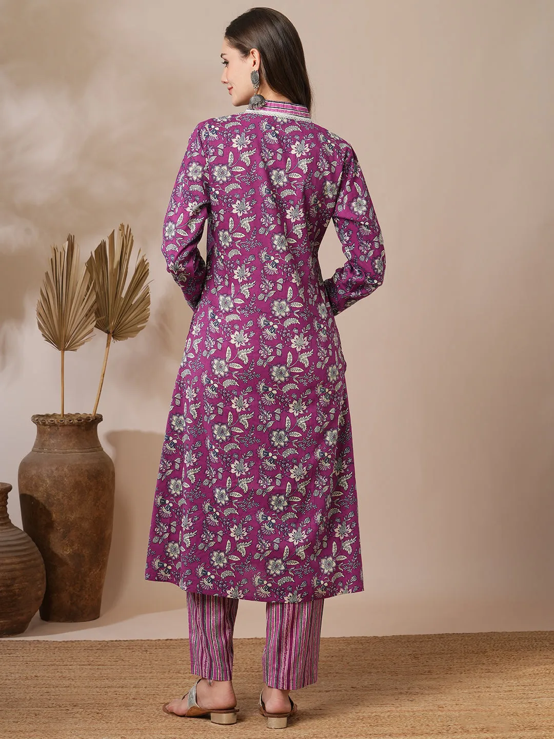 Ethnic Floral Printed A-Line Kurta with Stripes Printed Pant - Purple