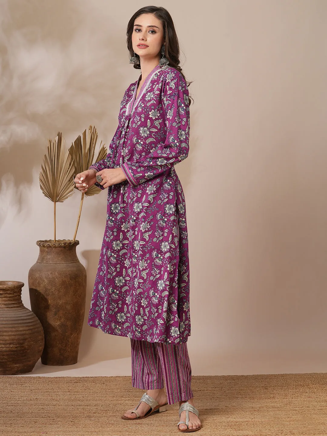 Ethnic Floral Printed A-Line Kurta with Stripes Printed Pant - Purple