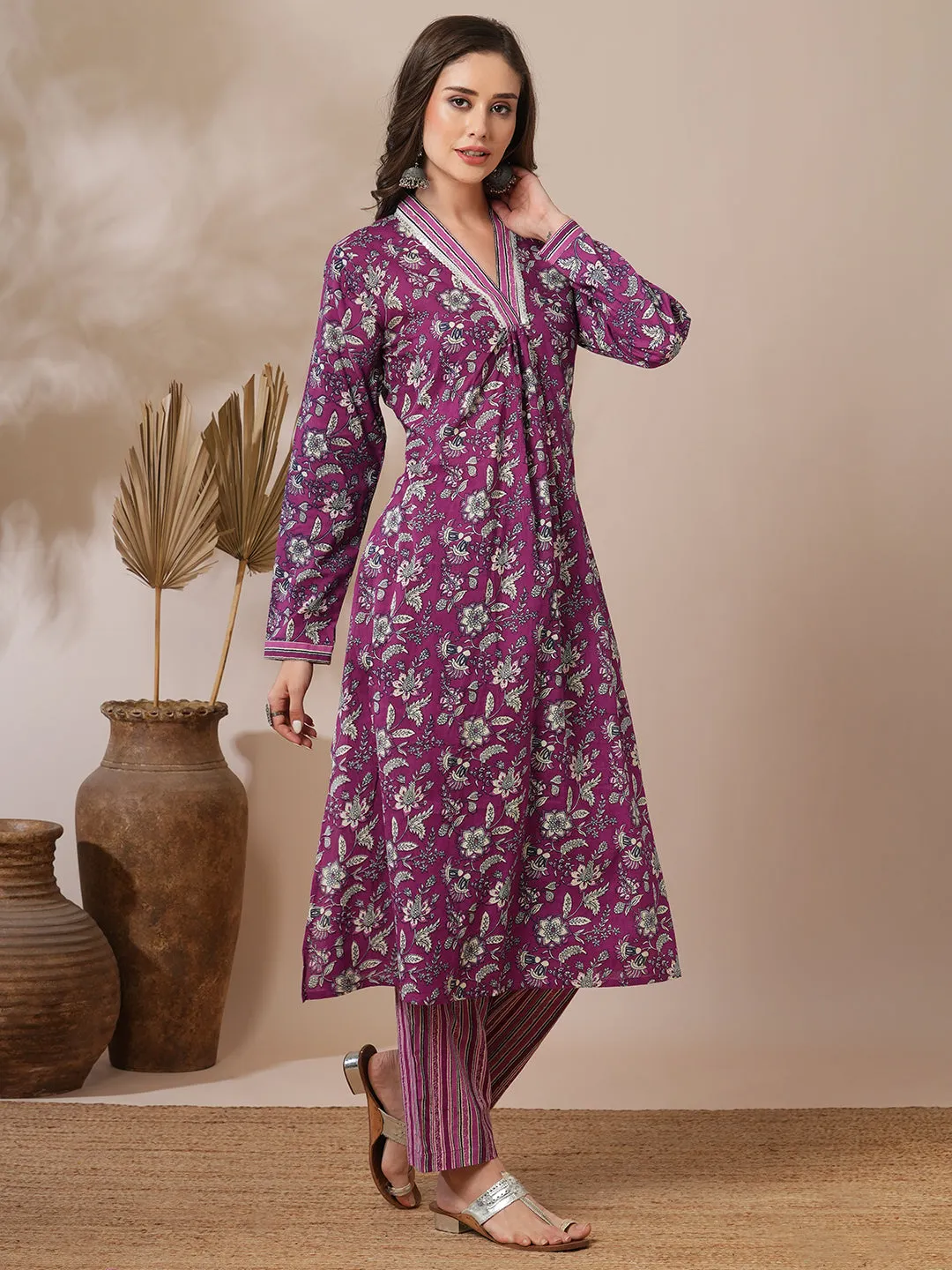 Ethnic Floral Printed A-Line Kurta with Stripes Printed Pant - Purple