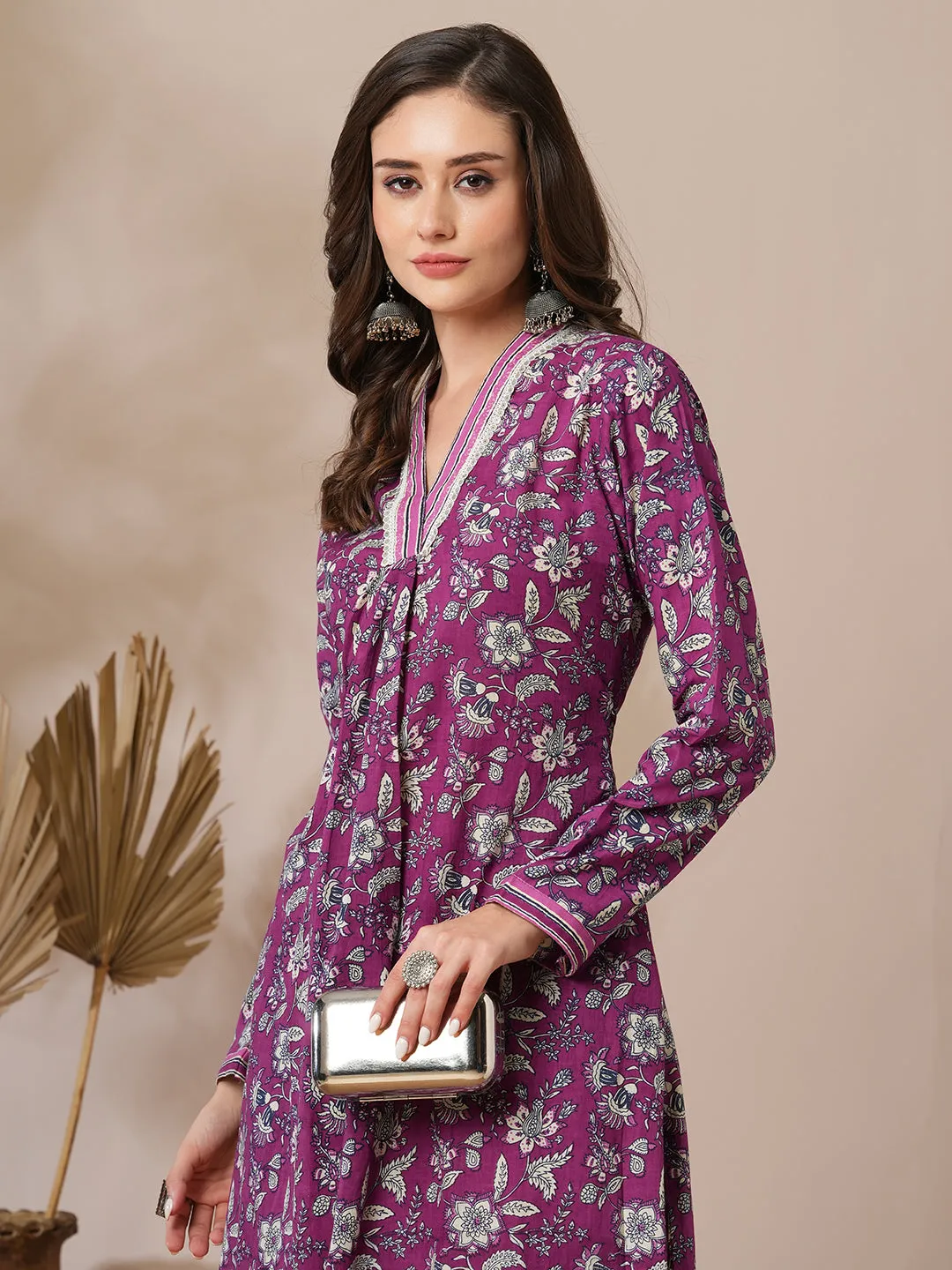 Ethnic Floral Printed A-Line Kurta with Stripes Printed Pant - Purple