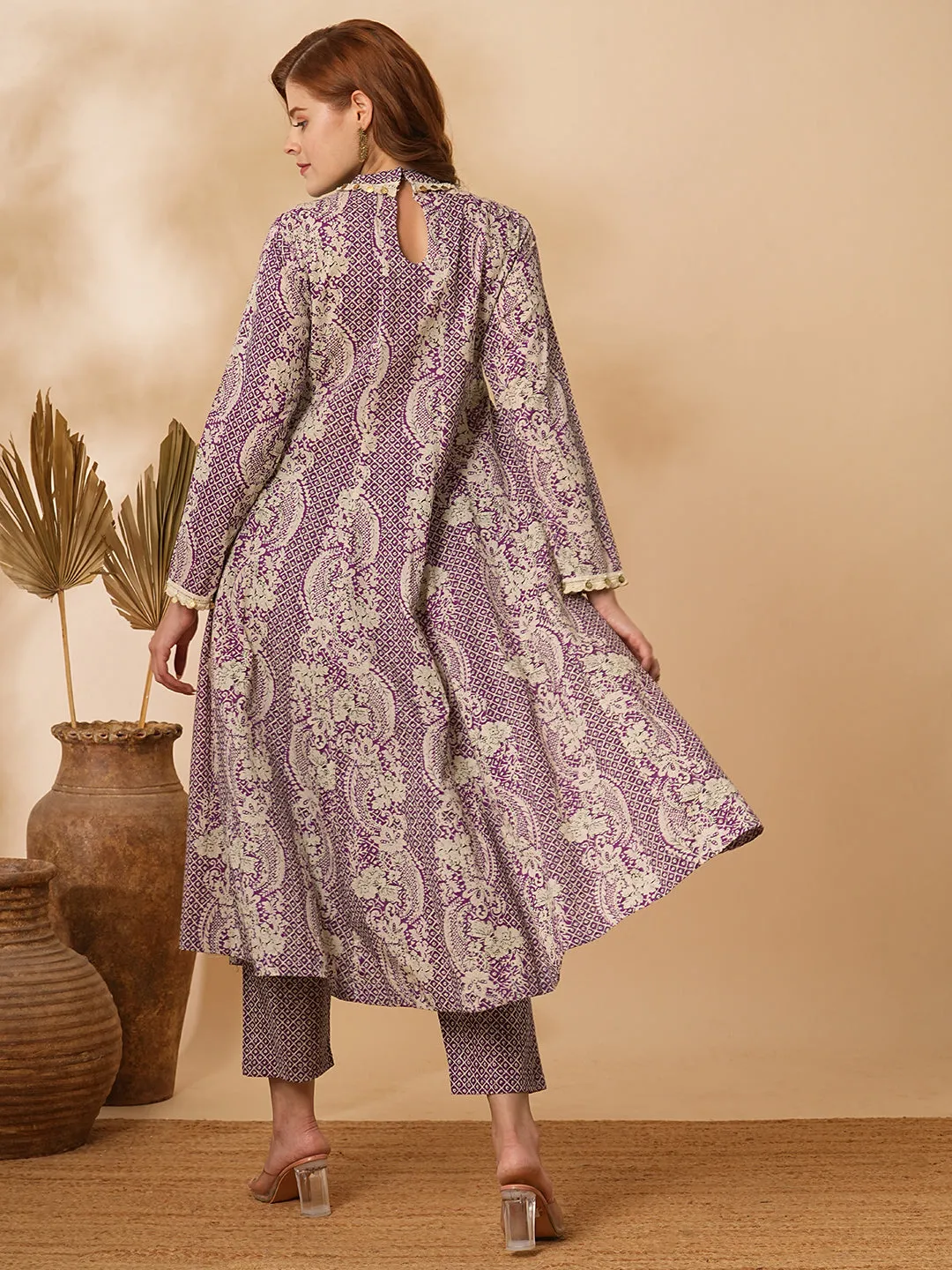 Ethnic Floral Printed & Coined Anarkali Flared Kurta with Pant - Purple