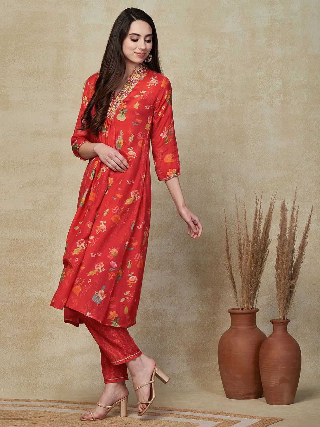 Ethnic Floral Printed & Embroidered A-Line Kurta with Pant - Red