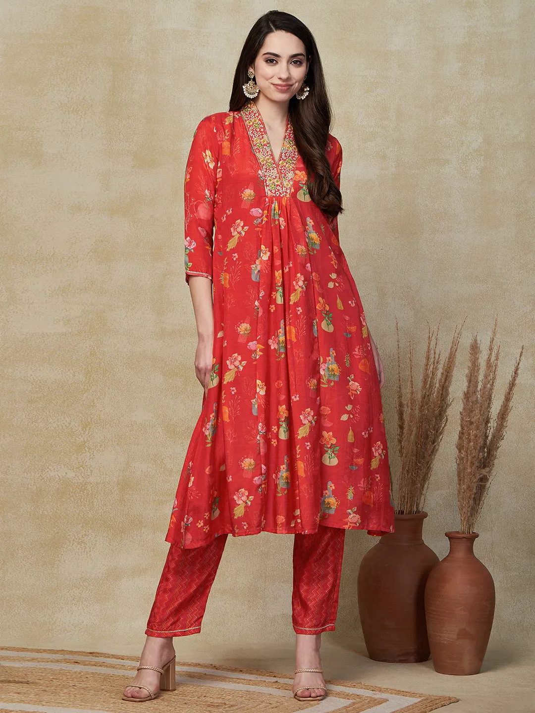 Ethnic Floral Printed & Embroidered A-Line Kurta with Pant - Red