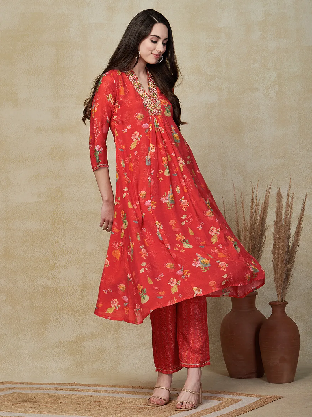 Ethnic Floral Printed & Embroidered A-Line Kurta with Pant - Red