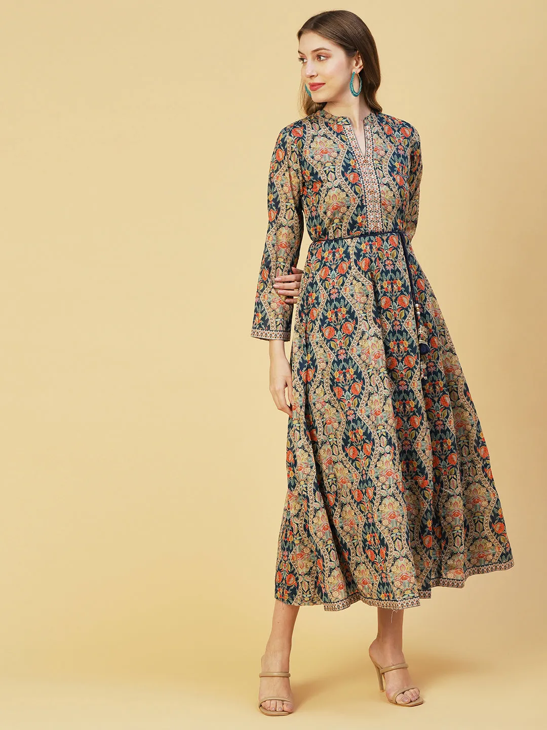 Ethnic Floral Printed & Embroidered Anarkali Flared Maxi Dress - Teal Blue