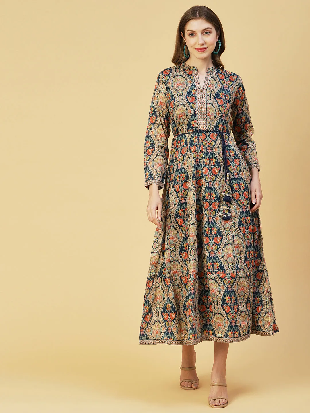 Ethnic Floral Printed & Embroidered Anarkali Flared Maxi Dress - Teal Blue