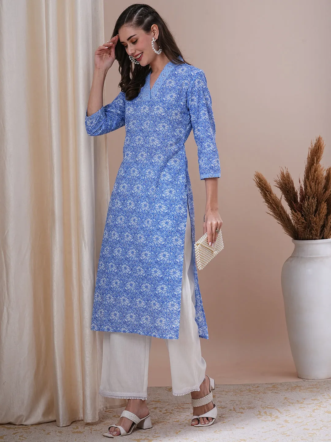 Ethnic Floral Printed & Sequin Embroidered Straight Fit Kurta - Blue