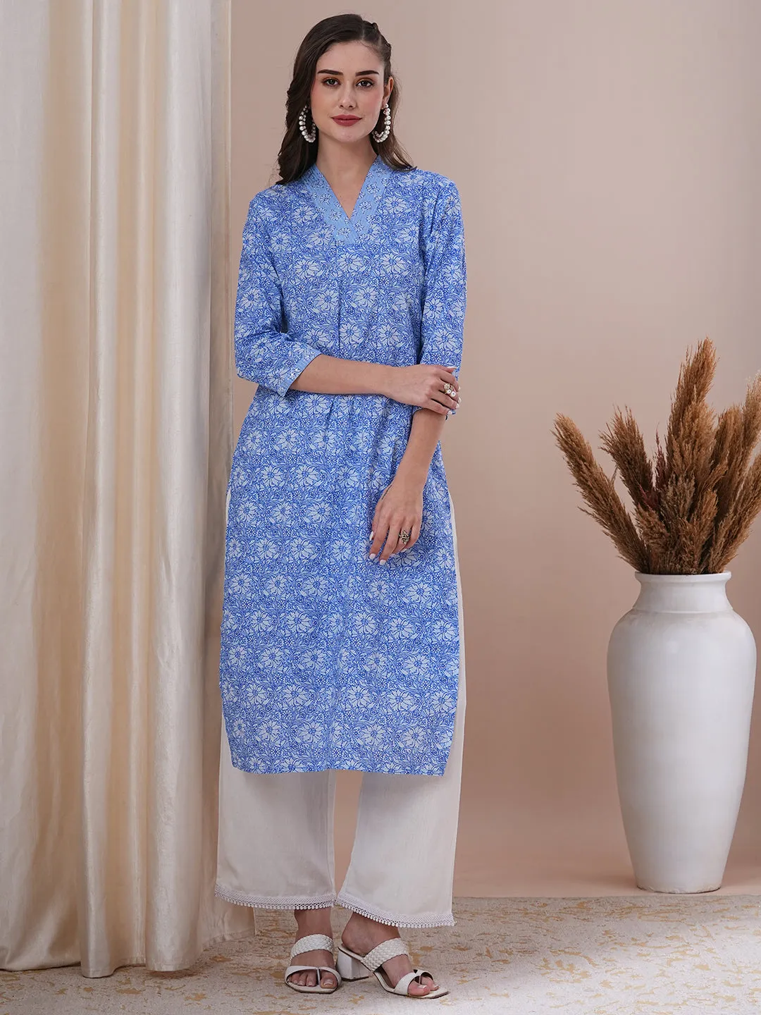 Ethnic Floral Printed & Sequin Embroidered Straight Fit Kurta - Blue