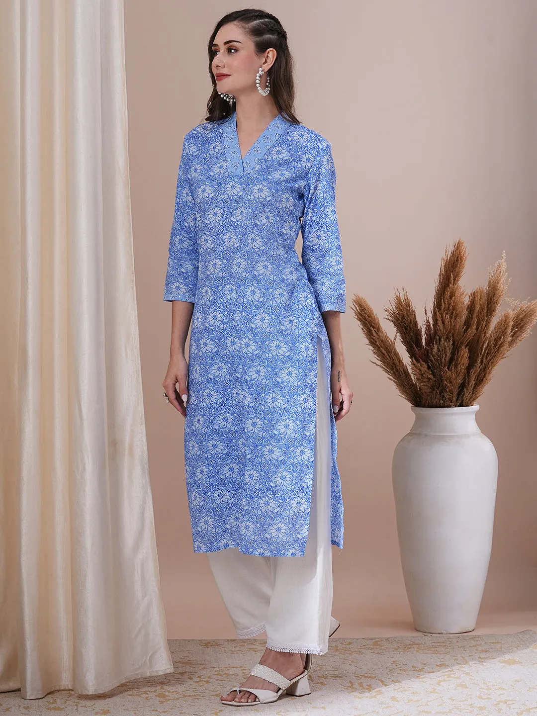 Ethnic Floral Printed & Sequin Embroidered Straight Fit Kurta - Blue