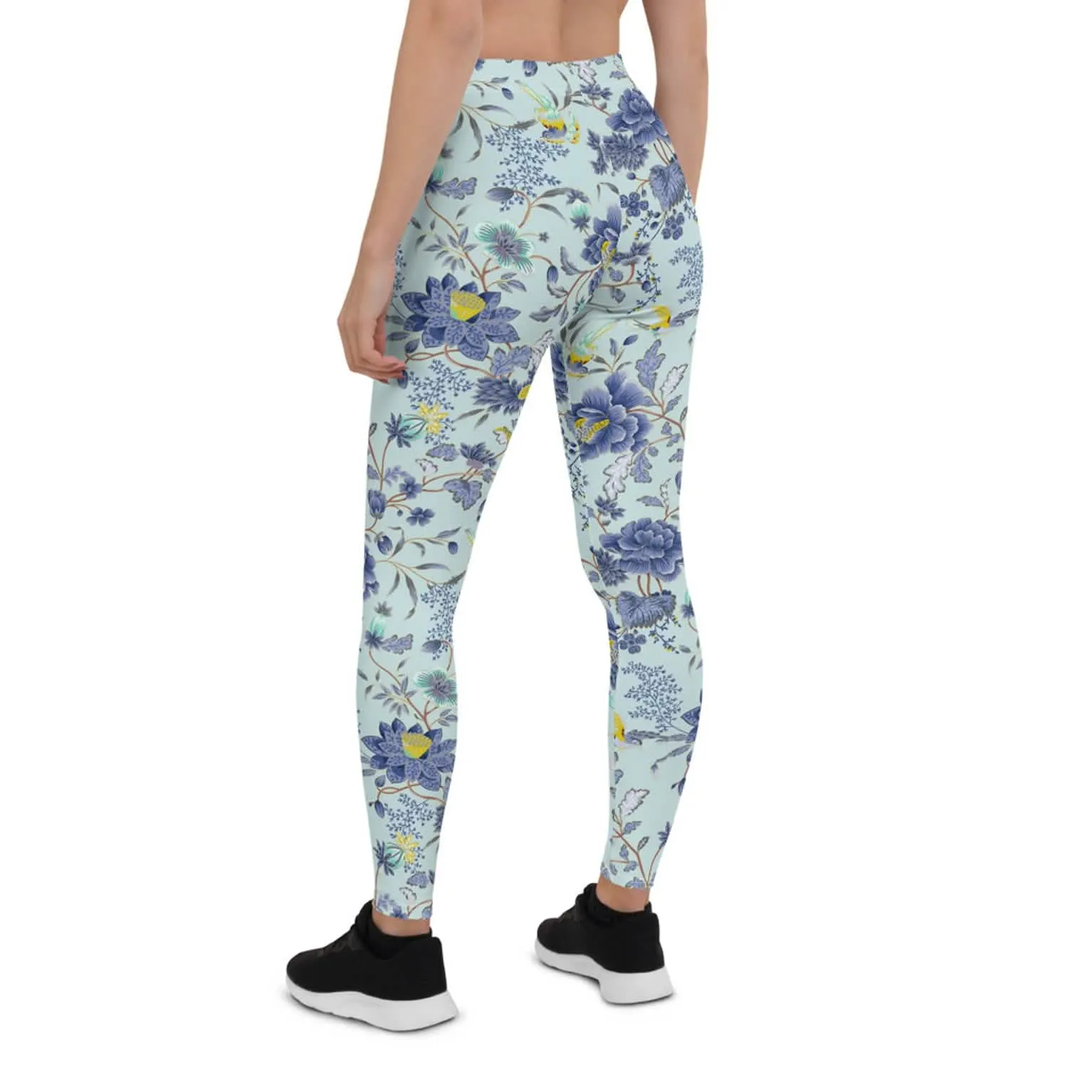 Exotic Floral Leggings on Sky Blue Background