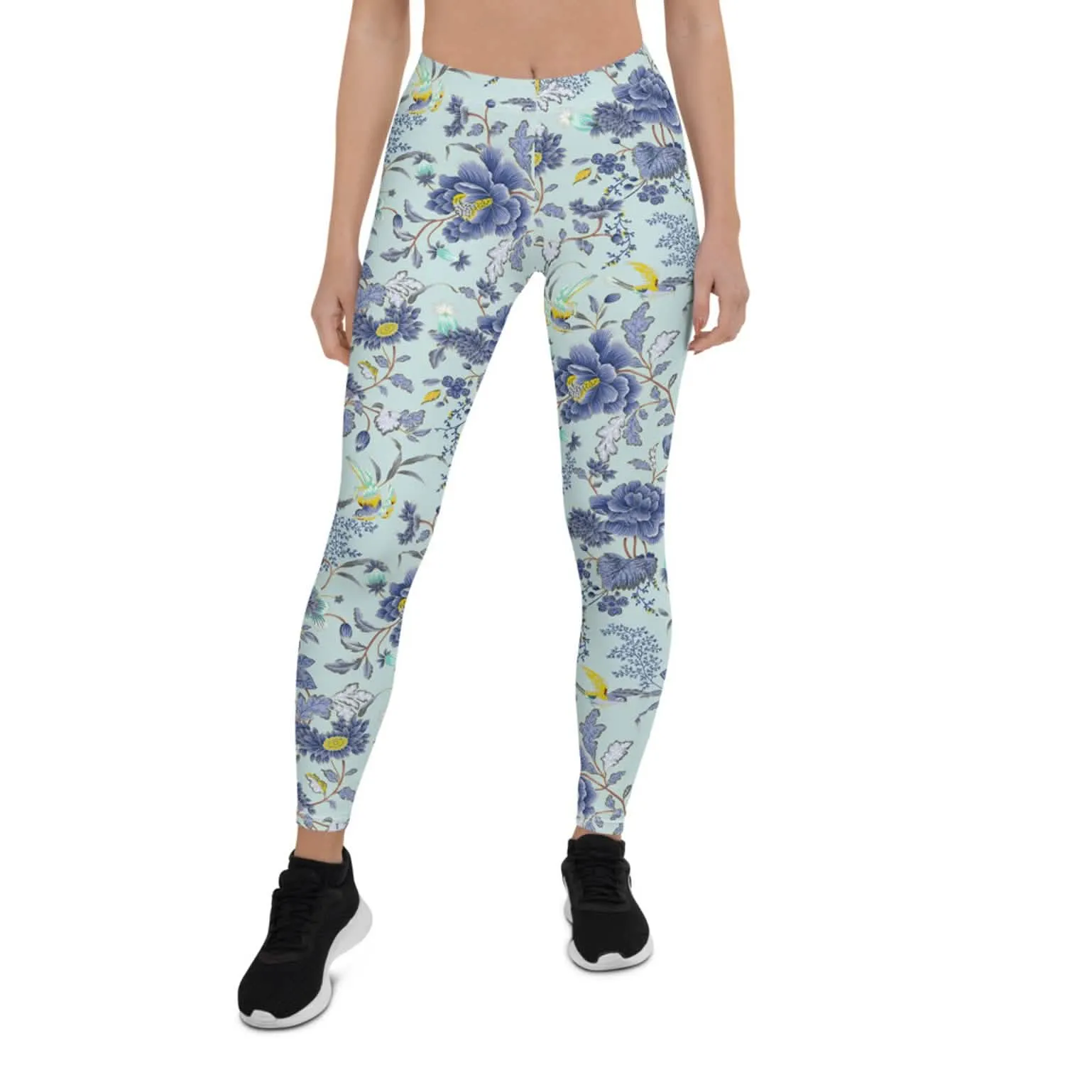 Exotic Floral Leggings on Sky Blue Background