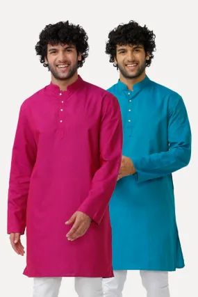 Exotic - Pink and Ramar Blue Long Kurta Combo for Men | Uathayam