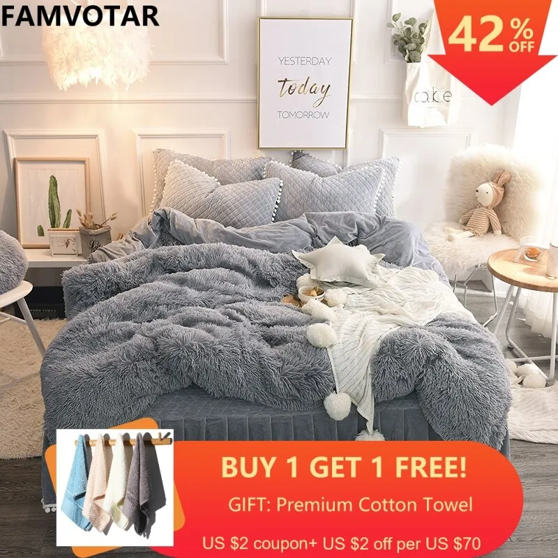 Famvotar Luxury Plush Shaggy Bedding Set (1 Faux Fur Duvet Cover 1 Quilted Ruffle Bedskirt 2 Pompoms Fringe Pillow Shams)