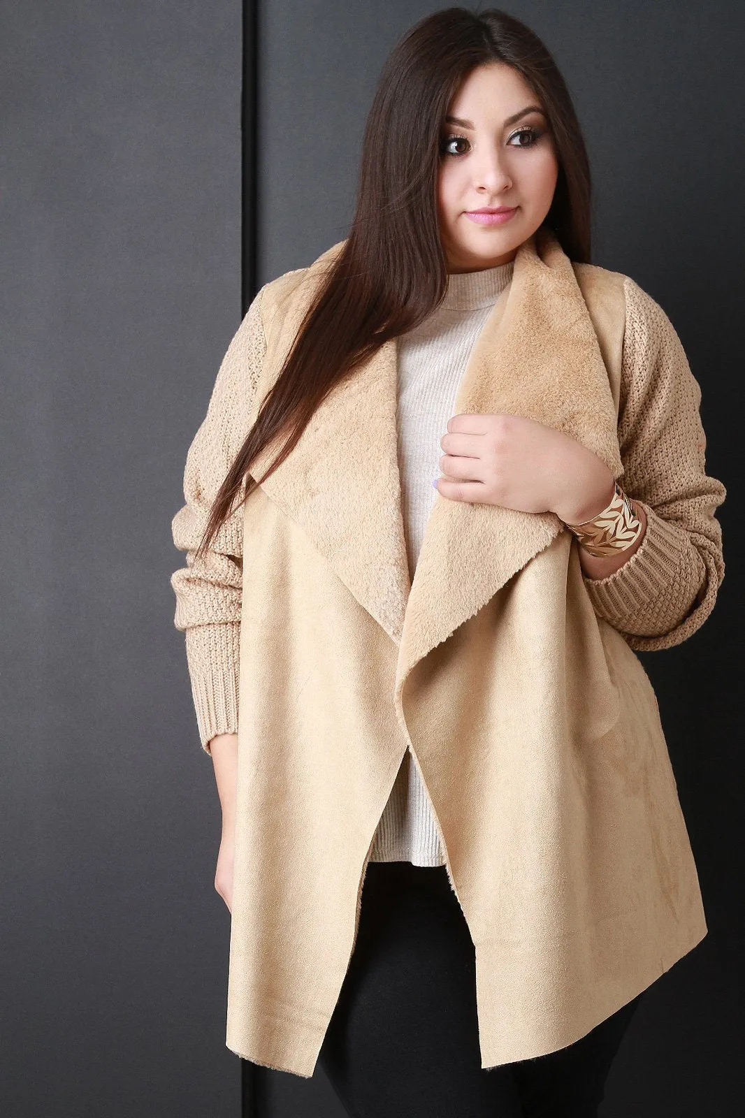 Faux Fur Draped Collar Knitted Sweater