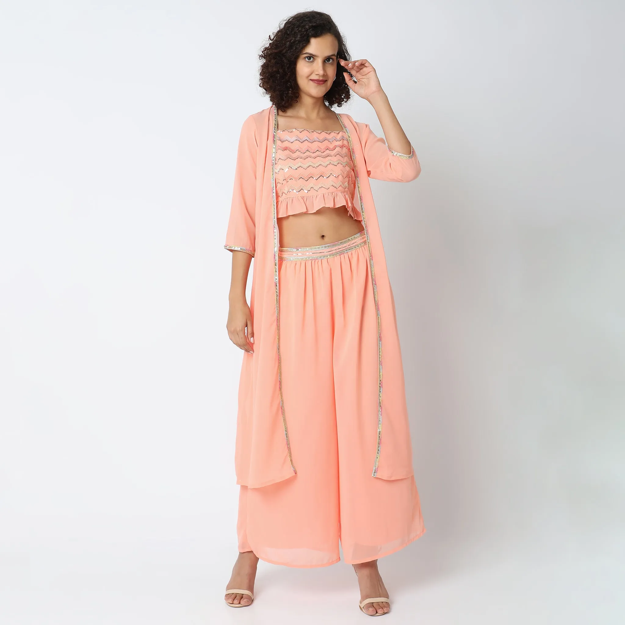 Flare Fit Embellished Top with Palazzo & with Shrug Set