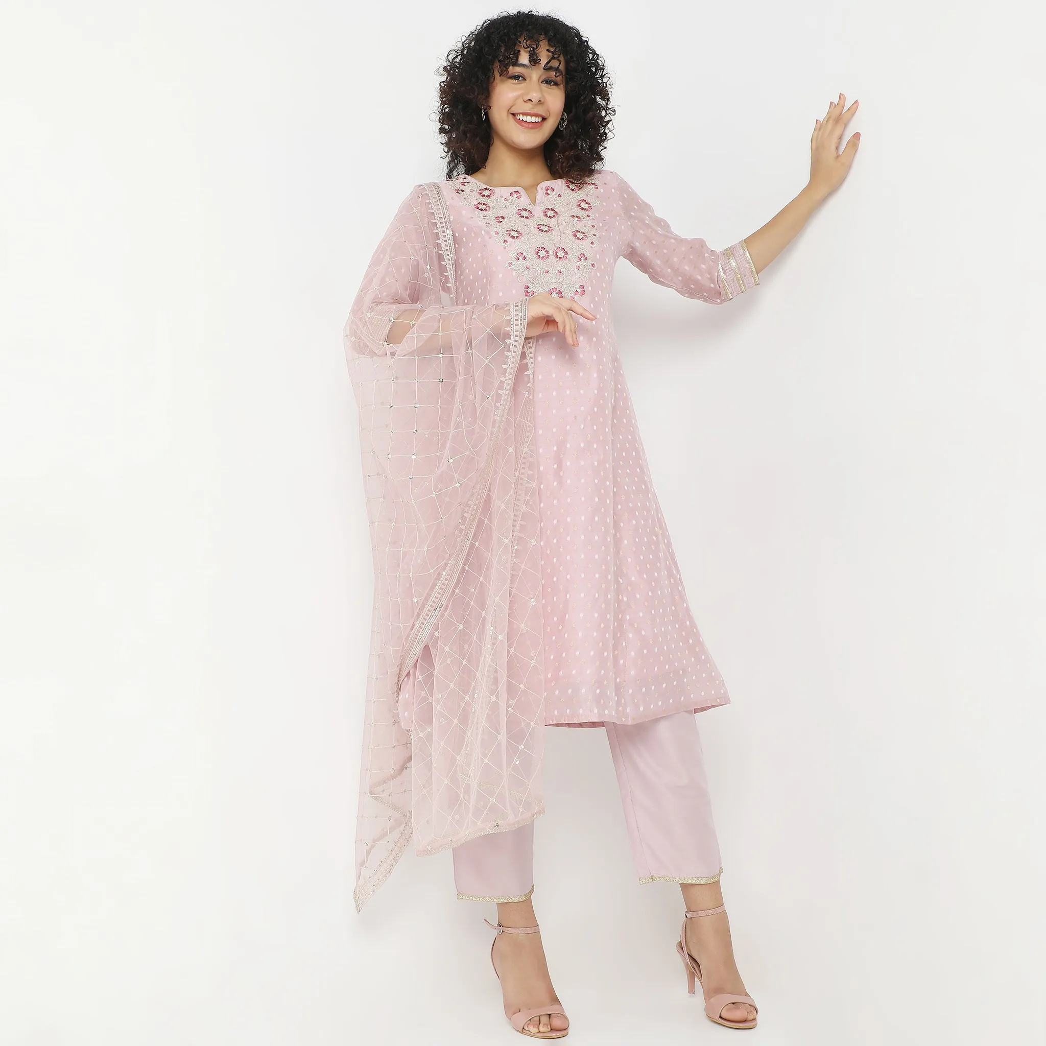 Flare Fit Embroidered Kurta with Pant & with Dupatta Set