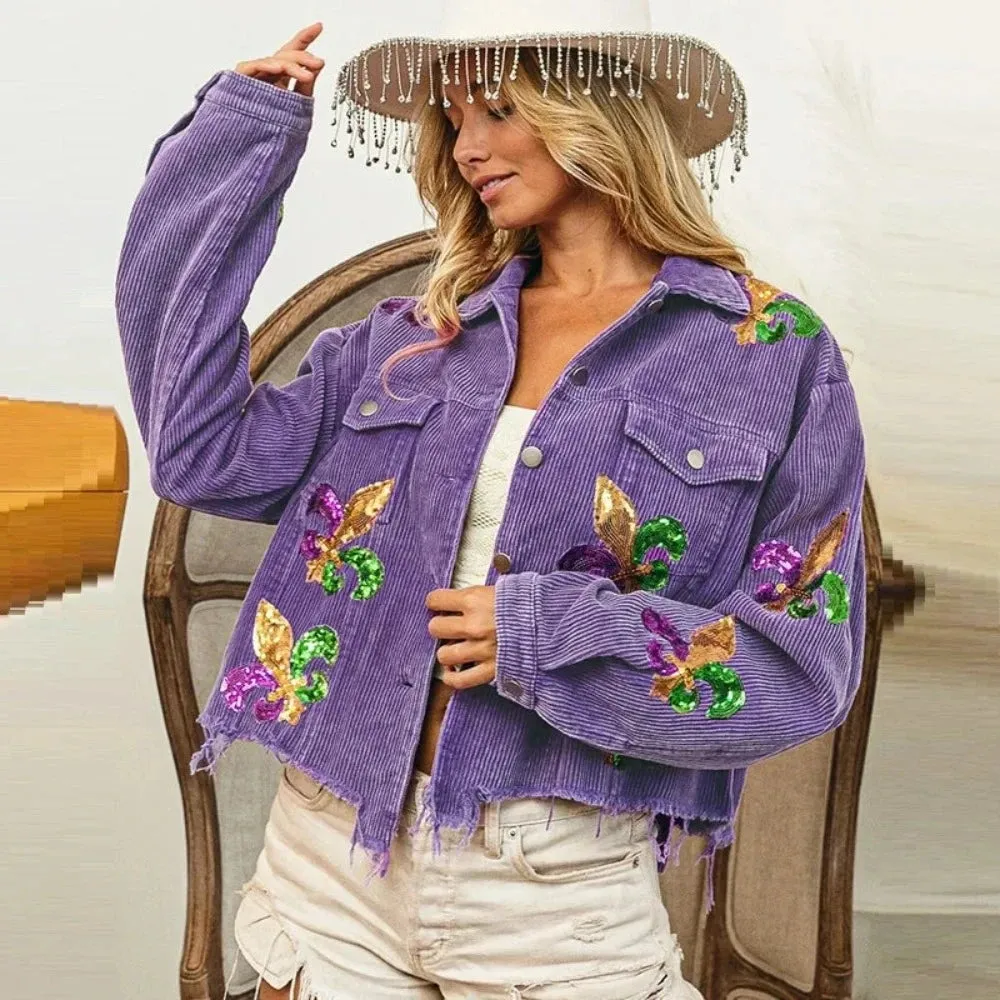 Floral Corduroy Casual Ripped Bomber Shirt-Jacket