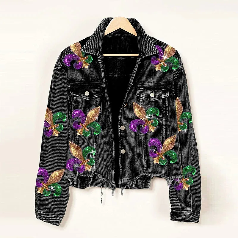 Floral Corduroy Casual Ripped Bomber Shirt-Jacket