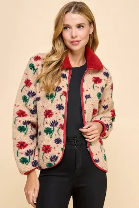 Floral Fabric Collared Sherpa Jacket