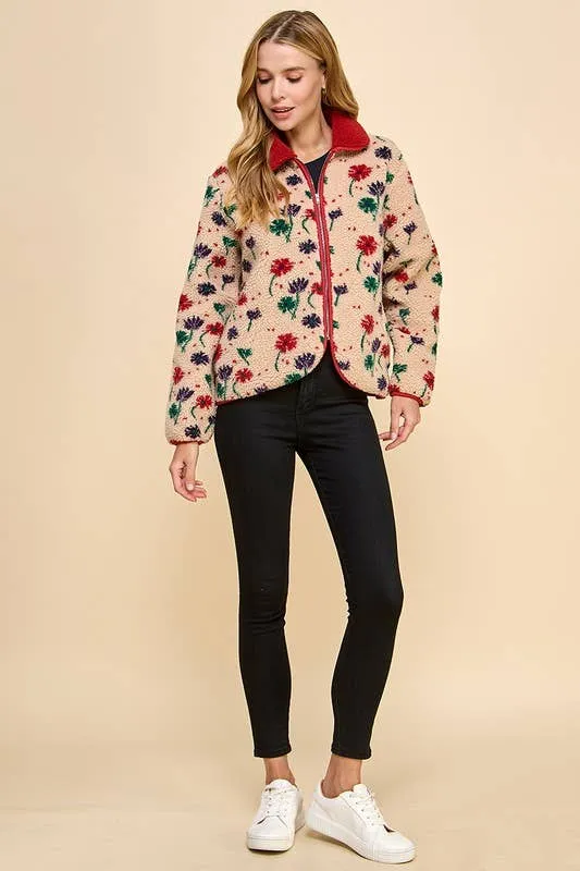 Floral Fabric Collared Sherpa Jacket