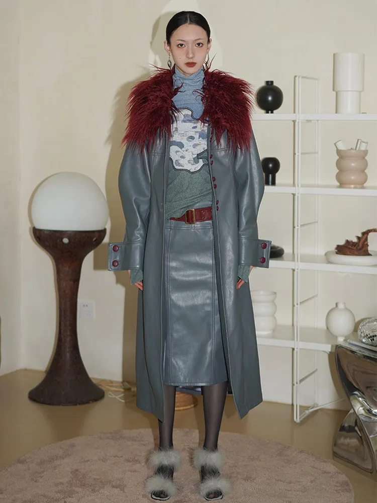 Fur Collar Slim Leather Long Coat