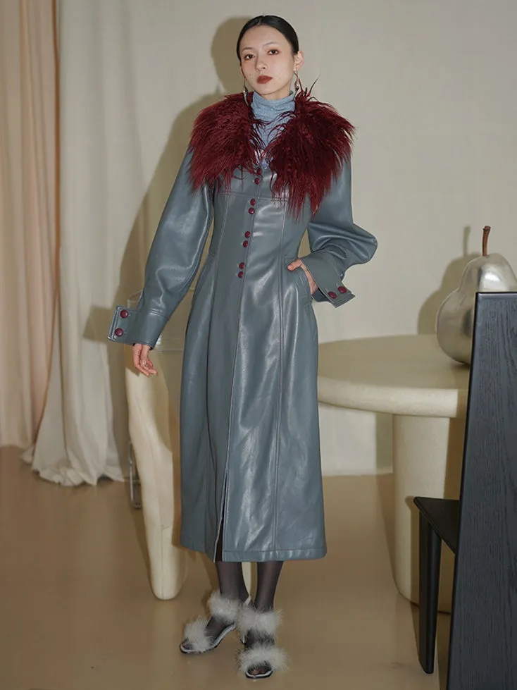 Fur Collar Slim Leather Long Coat