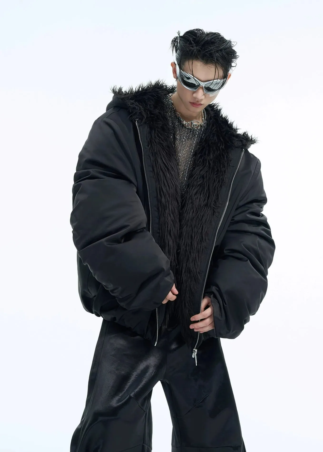 fur collar spliced hooded  jacket gm16180