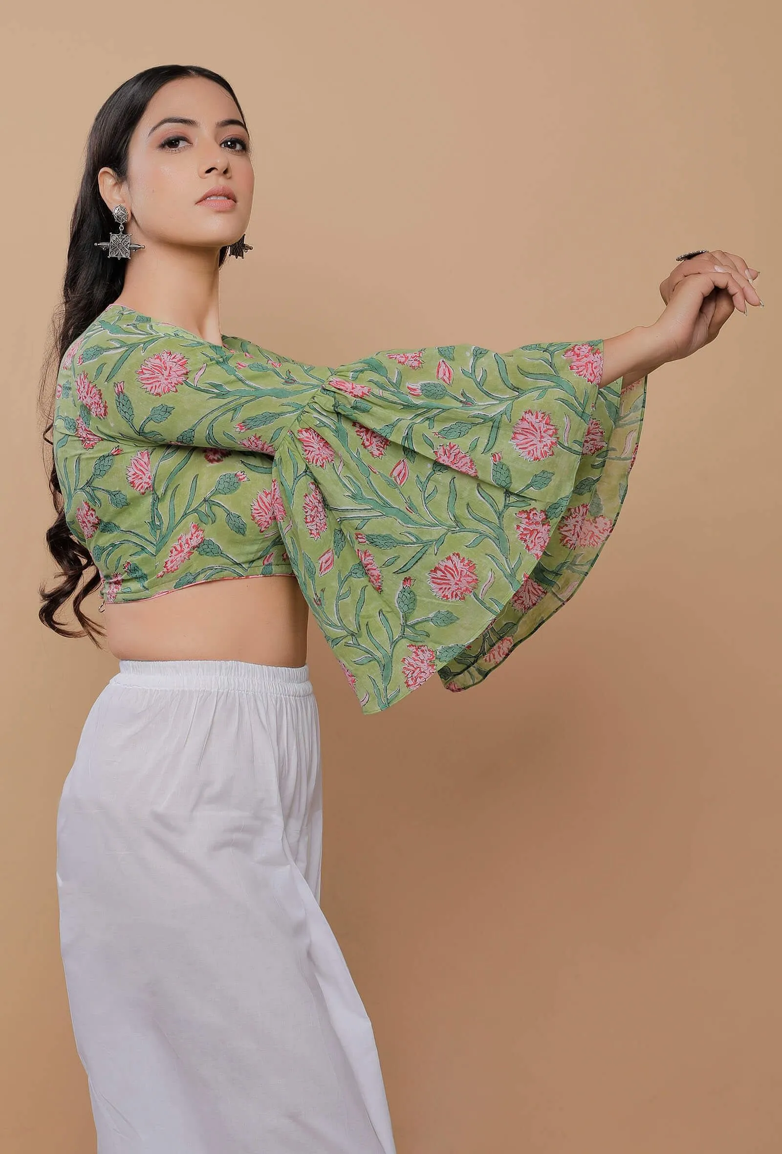 Green And Pink Handblock Printed Cotton V Neck Flat Collar Blouse