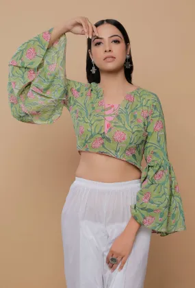 Green And Pink Handblock Printed Cotton V Neck Flat Collar Blouse