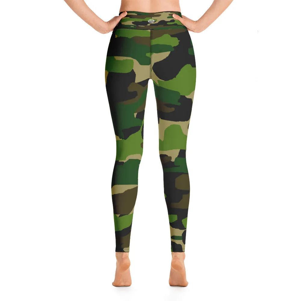 Green Camo Women's Leggings, Military Camouflage Long Yoga Pants-Made in USA/EU