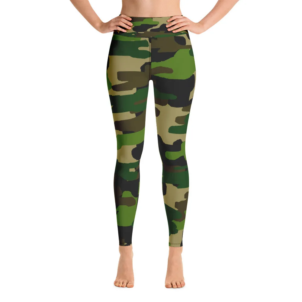 Green Camo Women's Leggings, Military Camouflage Long Yoga Pants-Made in USA/EU