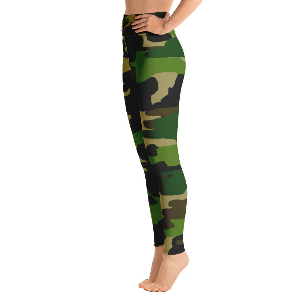 Green Camo Women's Leggings, Military Camouflage Long Yoga Pants-Made in USA/EU