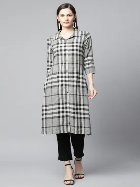 Grey And Black Check Printed Straight Kurta